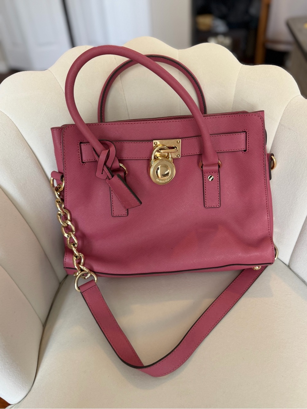 Michael Kors Rose Pink Saffiano Satchel with Gold Hardware